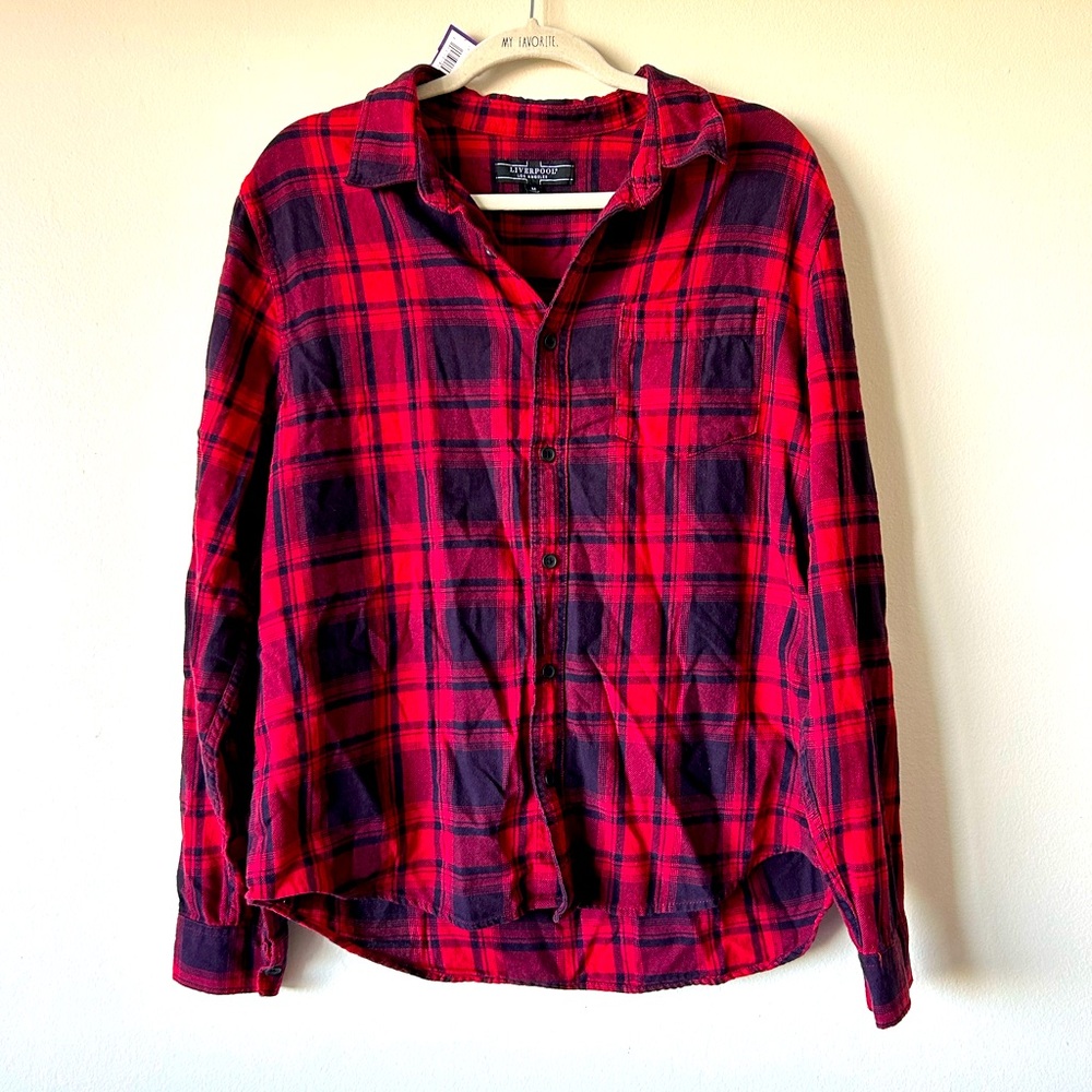 NWT Liverpool LA Medium Red Flannel Button Down Shirt 100% Cotton Gingham Plaid